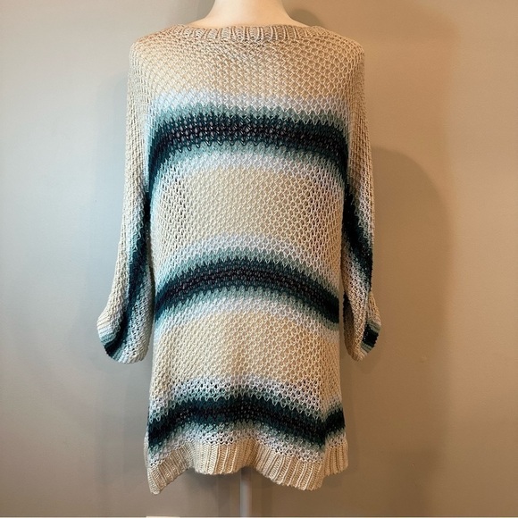 J. Jill Loose Knit Dolman 3/4 Sleeve Sweater Linen Blend Striped Blue Beige - Picture 7 of 12